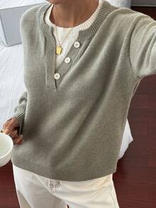 DAZY Casual Color Block Henley Neck Pullover, Soft Knit 2 In 1 Sweater For Women - Army Green - View 6