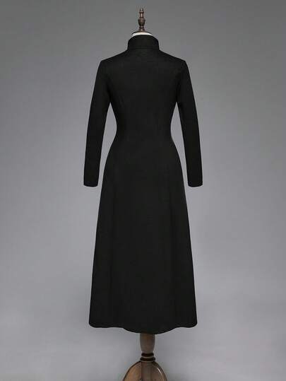 Goth Dark Punk Style Suede High Slit Rivet Decor Women Long Jacket