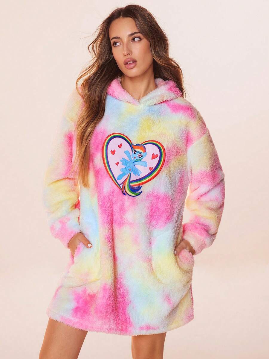 My Little Pony X SHEIN 女士冬季卡通刺绣连帽毛绒舒适睡衣 Y2k 女装，哞哞睡裙 - 彩色 - 查看 1