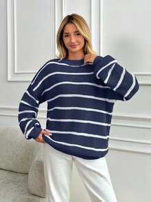 EURMUSE Pulover casual tricotat lejer, cu dungi în culori contrastante, cu umerii căzuți, toamnă/iarnă - Albastru marin - Vizualizare 4