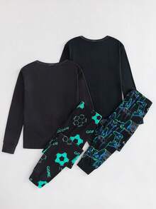 SHEIN 2pcs/Set Tween Boy Snug Fit Glow-In-The-Dark Football Video Game Graphic Crew Neck Long Sleeve T-Shirt And Pants Soft Comfortable Pajama Set, Buy 1 Get 1 Free - Multicolor - View 5