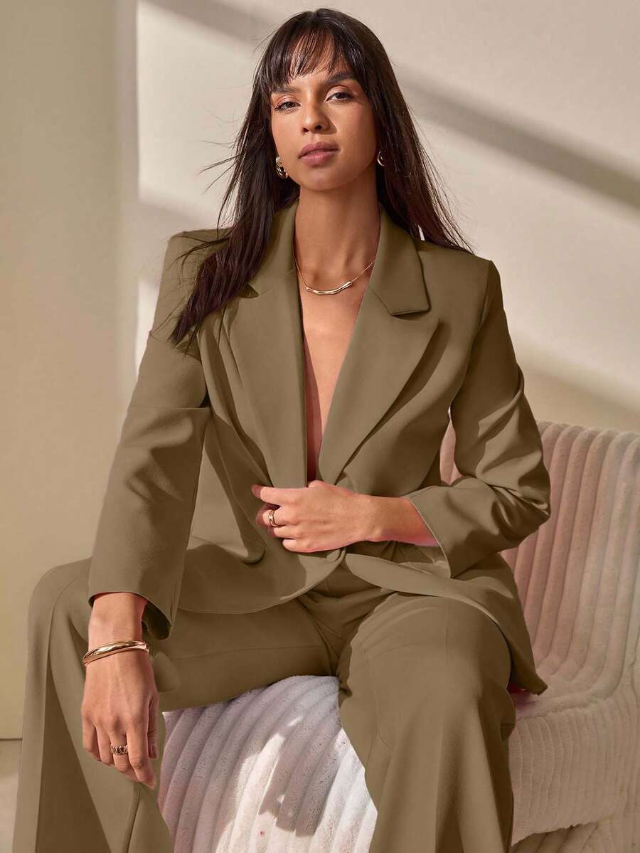 Blazer With Single Button Closure And Flap Pockets, Paired With Matching High-Waist Trousers, Elegant Two Pieces Suit Set - Mocha Brown - View 1