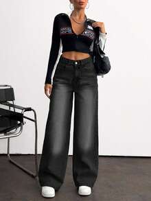 EURMUSE High Waist Baby Blue Wide Leg Denim Jeans - Dark Grey - View 4