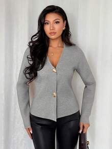 Chiquease Women's Slim Fit Khaki Casual/Work V-Neck Long Sleeve Asymmetrical Metal Button Cardigan - Grey - View 6