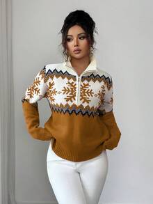 SHEIN Elenzya Sweater Wanita Elegan, Motif Fair Isle, Sweater Resleting Blok Warna, Motif Natal, Sweater Musim Gugur/Musim Dingin - Kuning - View 3