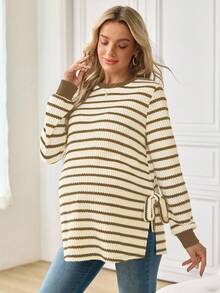 SHEIN 孕妇休闲条纹侧开衩卫衣，秋季长袖上衣 - 棕色 - 查看 6