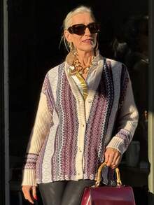 Vivie Lora Women's Vintage Loose Fit Fair Isle Cardigan Sweater - Beige - View 2