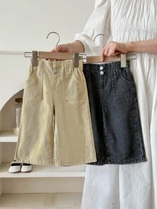 SHEIN LMoss Kids 2件套女婴卡其色和黑色宽松牛仔裤 - 彩色 - 查看 2