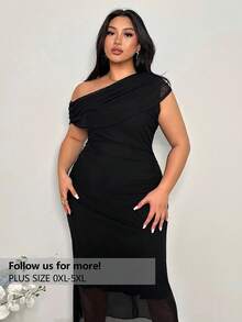 Firerie 加大码黑色春夏新款优雅不对称单肩短袖褶皱腰针织面料长裙，日常时尚百搭，商务休闲女装，婚礼宾客礼服女装 - 黑色 - 查看 1