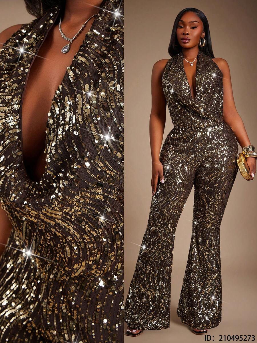 Radiana Plus Size Women's Sexy Wavy Beaded Embroidered Halter Backless Jumpsuit Plus Size Gold Dress Sequin Dress Curve Birthday Dress - Gold - View 1