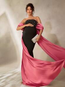 Cheriluna Maternity Women's Glittering Pink Sheer Strapless Bow Ruffle Trailing Maternity Photoshoot Dress, Glitter Sequin Dress/Elegant Dresses For Party/Black Dress/Christmas Party Dress - Black - View 7