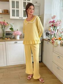 Snug Reverie Sweet Ruffle Trim Solid Color Lace Collar Pajama Set Yellow Pajamas For Women Yellow Pajama Set Lace Collar Pajamas Pajama Sets For Women, Fall & Winter Clothes - Yellow - View 6