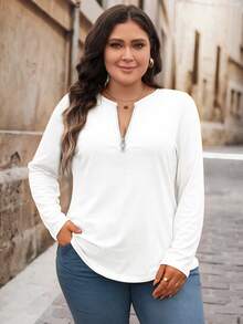 EMERY ROSE Casual Plus Size Loose Fit Half Zip Round Neck Long Sleeve T-Shirt - White - View 6