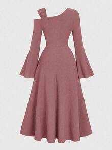 SHEIN Elenzya Gaun Pesta Maxi Bodycon Elegan Wanita Ukuran Plus Warna Polos Rajut Bergaris Bahu Asimetris Lengan Mengembang dengan Hiasan Ruffle - Dusty Pink - View 2