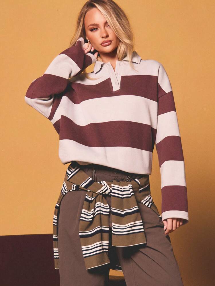 MISSGUIDED Long Sleeve Striped Rugby Sweatshirt With Collared Neckline And Button Closure Casual Pullover Top
