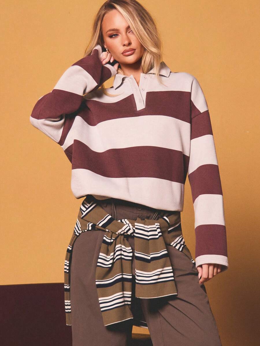 MISSGUIDED Long Sleeve Striped Rugby Sweatshirt With Collared Neckline And Button Closure Casual Pullover Top - Grey - View 1