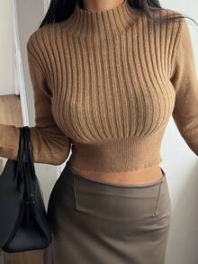 DAZY Sweater Pullover Kasual Wanita Model Turtleneck Pendek Pas Badan - Unta - View 2