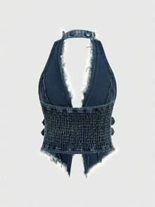 ROMWE Hippie Y2K Baddie Streetwear Sexy V-Neck Distressed Denim Crop Top For Women