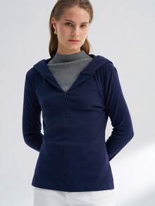 INAWLY Women's Casual Solid Color Slim Fit Half-Zip Hooded T-Shirt, Autumn - Navy Blue - View 4