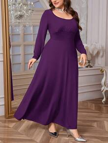 Firerie Vestido Casual Elegante Simples de Manga Longa com Decote em Canoa, Franzido e Amarração, Elástico, Ideal para Uso Diário e Formal, Primavera/Outono, para Mulheres Plus Size - Roxo - Visão 4