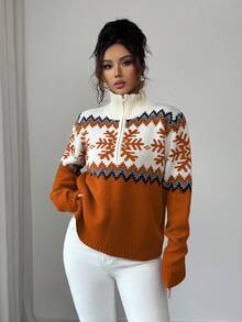 SHEIN Elenzya 优雅女士费尔岛图案拼色拉链毛衣，圣诞节设计，秋冬 - 鏽棕色 - 查看 5
