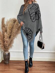 SHEIN LUNE Sweater Lengan Kelelawar Motif Bunga 3D untuk Wanita, Tren Musim Gugur/Dingin - Grey - View 6