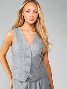MISSGUIDED Sleeveless Button Front Waistcoat Professional Business Vest Office Formal Blazer Jacket - Light Grey - View 1