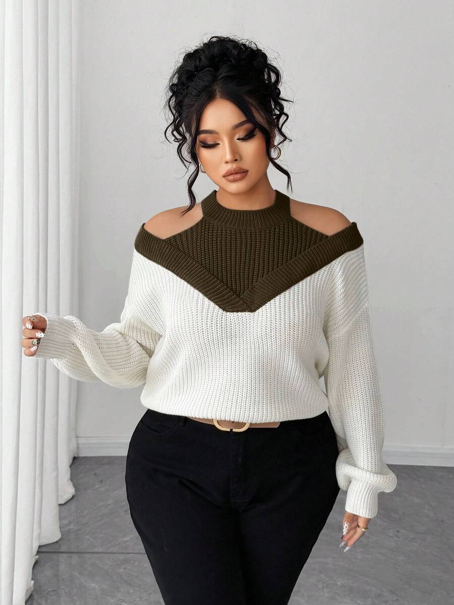 SHEIN Elenzya 女士二合一露肩撞色毛衣 - 咖啡棕 - 查看 1
