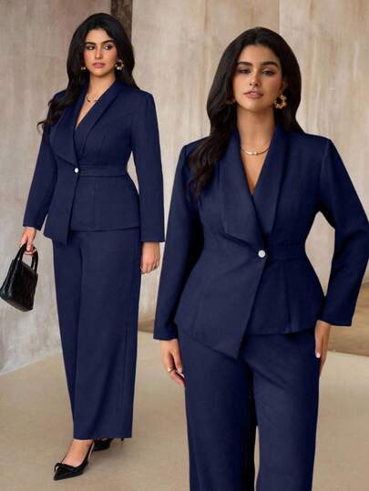 Roveilla 大码秋冬欧美风梭织西装套装，修身直筒裤，时尚优雅的OL套装，商务休闲两件套，优雅女士职业套装，商务休闲两件套，优雅女士套装，商务休闲两件套，优雅女士套装