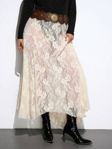 Maija 大码女式半透明蕾丝面料舒适柔软喇叭蕾丝半身裙，优雅百搭，适合所有季节，是秋冬季必备单品，时尚都市休闲商务装，机场、社交派对皆宜。 - 米色 - 查看 4