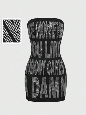 Street Life Vestido mini sexy con letras y adornos de rhinestone para mujer, estilo Y2K