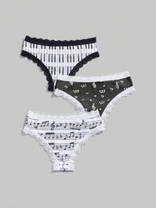 ROMWE J-Fashion 3pcs Women's Underwire, Musical Note & Letter Lace Panty Set - Multicolor - View 2