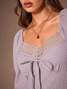 Lazeform Conjunto de pijama casual de mujer de 2 piezas con parches de encaje y punto, conjunto de ropa de estar en casa con top de manga larga y pantalones, ropa de invierno