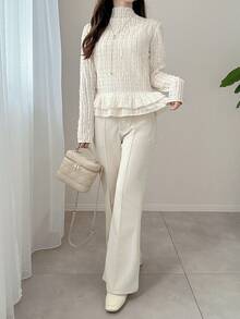 FRIFUL Women's Turtleneck Textured Fabric Layered Ruffle Hem Fitted T-Shirt - Apricot - View 6