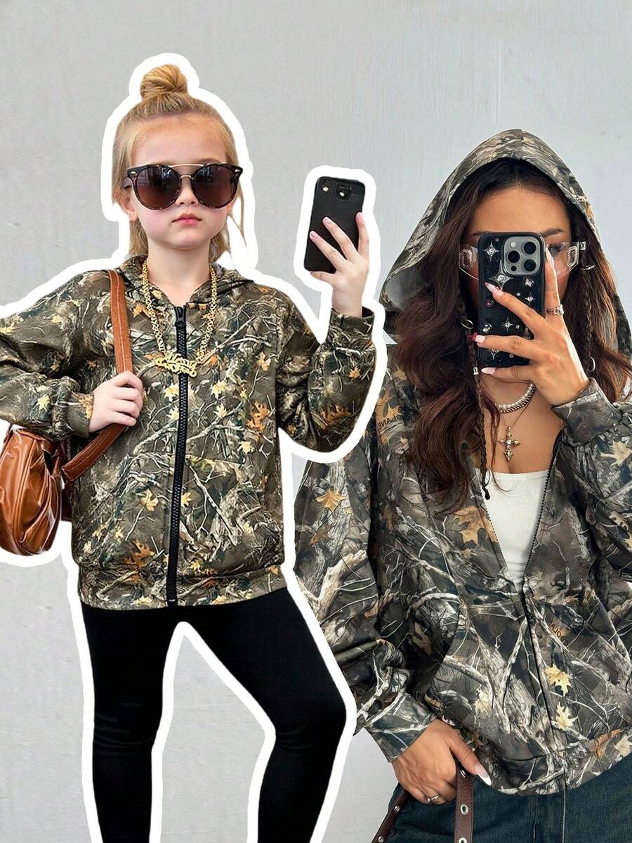 SHEIN Sudadera con capucha de manga larga, estilo callejero genial, uso diario, escuela, casual y lindo, a juego con mamá e hija o hermanas, con forro térmico de punto camuflado, para niña joven en otoño/invierno. - Verde militar - Ver 1