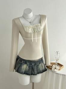 Elamini Áo thun cổ vuông tay dài phối ren tương phản thời trang thường ngày dành cho nữ, Thu/Đông - Màu Khaki - Xem 6