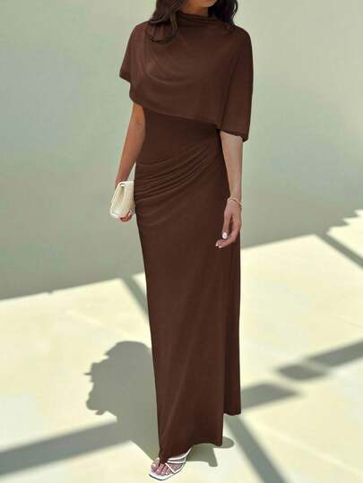 Aloruh Elegant Minimalist Commuter Fashion Elastic Waist Design Multilayer Ruffle Waist Ruffle Flattering Long Dress, Suitable For Work, Date, Vacation,Dresses For Women Elegant