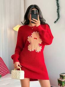 SHEIN LUNE Women's Cute Bow Romantic Sweater Dress Christmas - Burgundy - View 7
