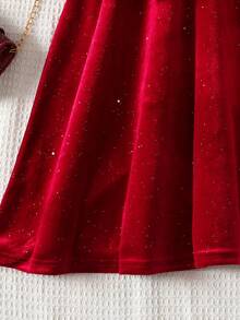 SHEIN Tween Girl Elegant V-Neck Long Sleeve Velvet Glitter Christmas Holiday Waist Cinched Midi Dress - Red - View 6