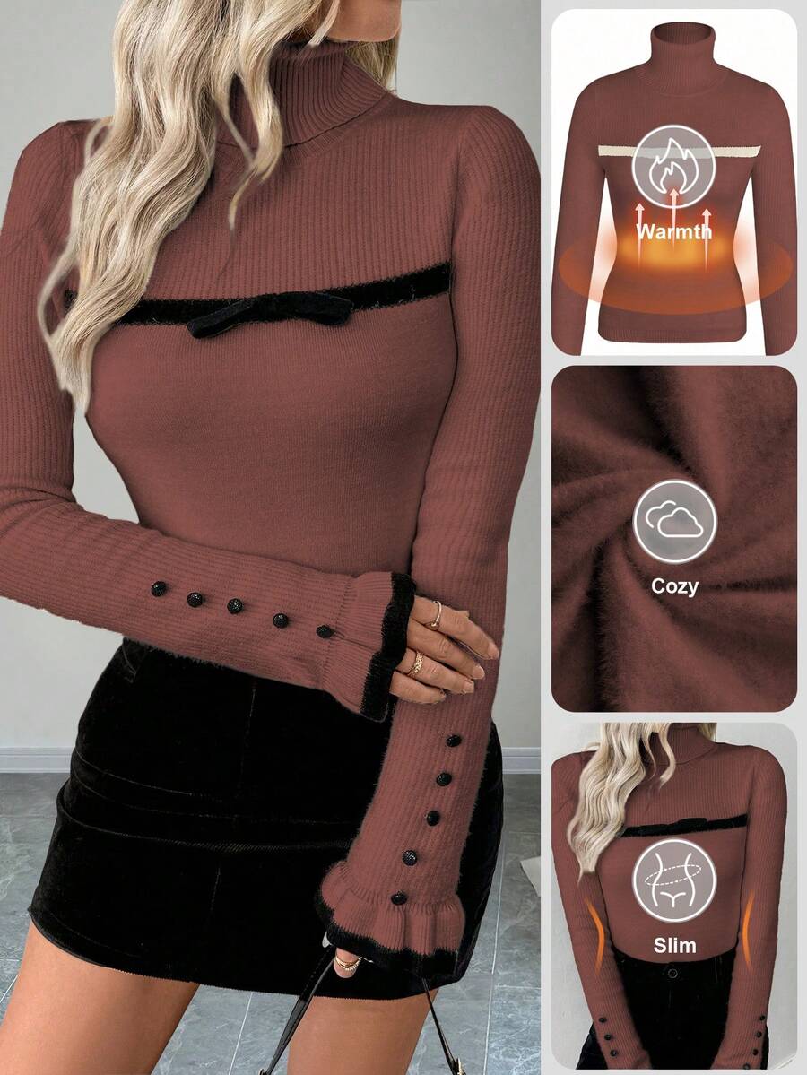 SHEIN LUNE Sweater Rajut Lengan Panjang Wanita Model Turtleneck dengan Kancing dan Rumbai, Dilengkapi Pita dan Lapisan Termal yang Pas di Badan - Coffee Brown - View 1