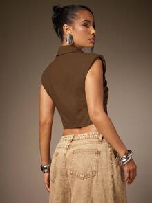 SHEIN Haute 女式性感休闲垫肩无袖衬衫交叉设计夏季上衣 - 棕色 - 查看 5