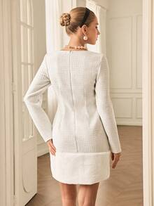 BELROSIE Vestido mini con cuello cuadrado texturizado y ribete de piel sintética, manga larga, estilo lindo - Blanco - Ver 2