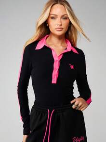 Missguided x Playboy Long Sleeve Polo Bodysuit With Contrast Pink Trim And Embroidered Bunny Logo For Casual Wear