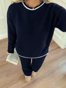 SHEIN 2pcs/Set Teen Girls' Contrast Color Knit Sweater All-Match, Casual Versatile, Suitable For Autumn/Winter - Navy Blue - View 6