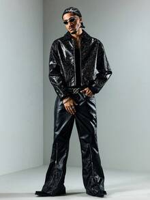 ROMWE MEN Street Life Men's KPOP Motorcycle Zip-Up Leather Long Sleeve Jacket - Black - View 7