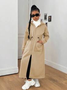 SHEIN Sparklyn 少女休闲百搭长款连帽外套，适合居家、上学、运动等多种场合，收腰设计，秋冬季款 - 卡其色 - 查看 4