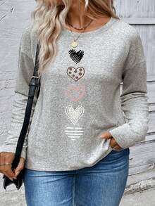 EMERY ROSE Casual Basic Apricot Long Sleeve Round Neck Heart Print Plus Size T-Shirt, Autumn/Winter - Apricot - View 3