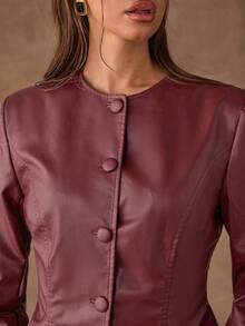 SHEIN BAE Ensemble tailleur femme composé d'un blazer à manches longues avec boutons devant et d'une jupe crayon de couleur unie - Rouge foncé - Voir 8