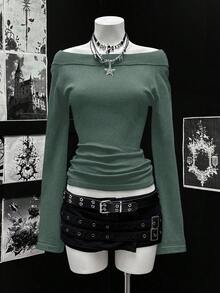 SHEIN Unity Suéter ajustado con hombros descubiertos y fruncido, de unicolor, estilo gótico oscuro y punk Y2K, para otoño/invierno - Verde Oliva - Ver 3