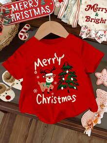SHEIN 圣诞红，圣诞快乐，复古有趣的圣诞树和驯鹿图案，适合圣诞派对的年轻女孩休闲简约短袖圆领T恤，家庭装圣诞服装，圣诞氛围，圣诞礼物，秋冬外出服装，轻松舒适，女童秋冬分层装，时尚女孩，休闲装，儿童圣诞图案T恤，秋冬服装，圣诞服装，圣诞新款 - 彩色 - 查看 2